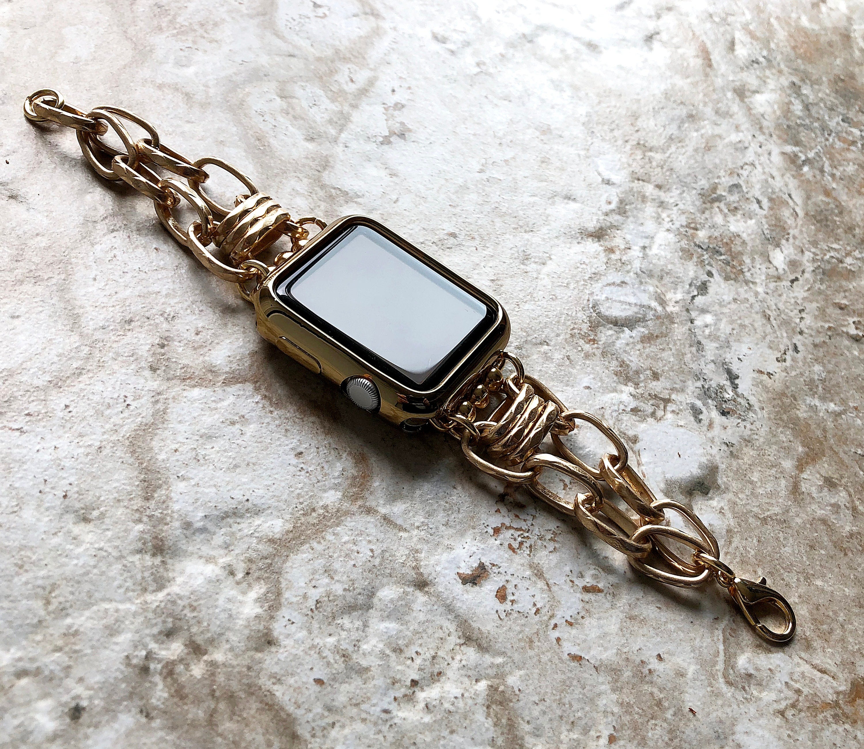 Apple Watch Ultra 2 and 9 8 Series Gold Color Bracelet Band for 41mm 45mm 49mm Case iWatch Oval Links Handmade Fashion Jewelry Strap